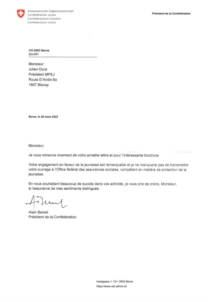 Lettre du Président de la Confédération Suisse, Monsieur Alain Berset. « À la mémoire des parents de seconde zone »