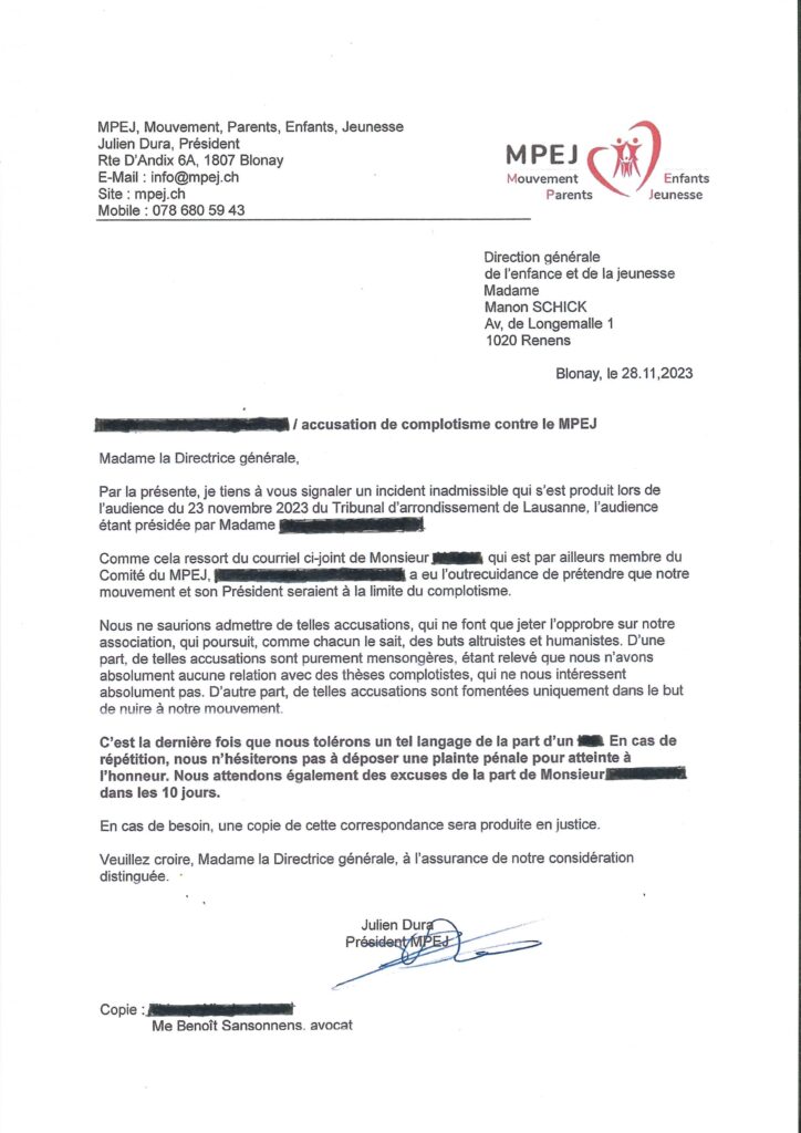 Nous regrettons profondément qu’un collaborateur étatique traite publiquement notre mouvement et son président de complotistes